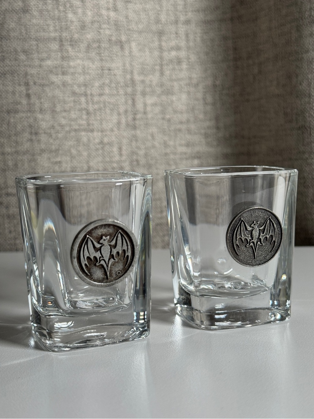 Vintage Bacardi Bat Logo Pewter Square Shot Glasses Set of 2